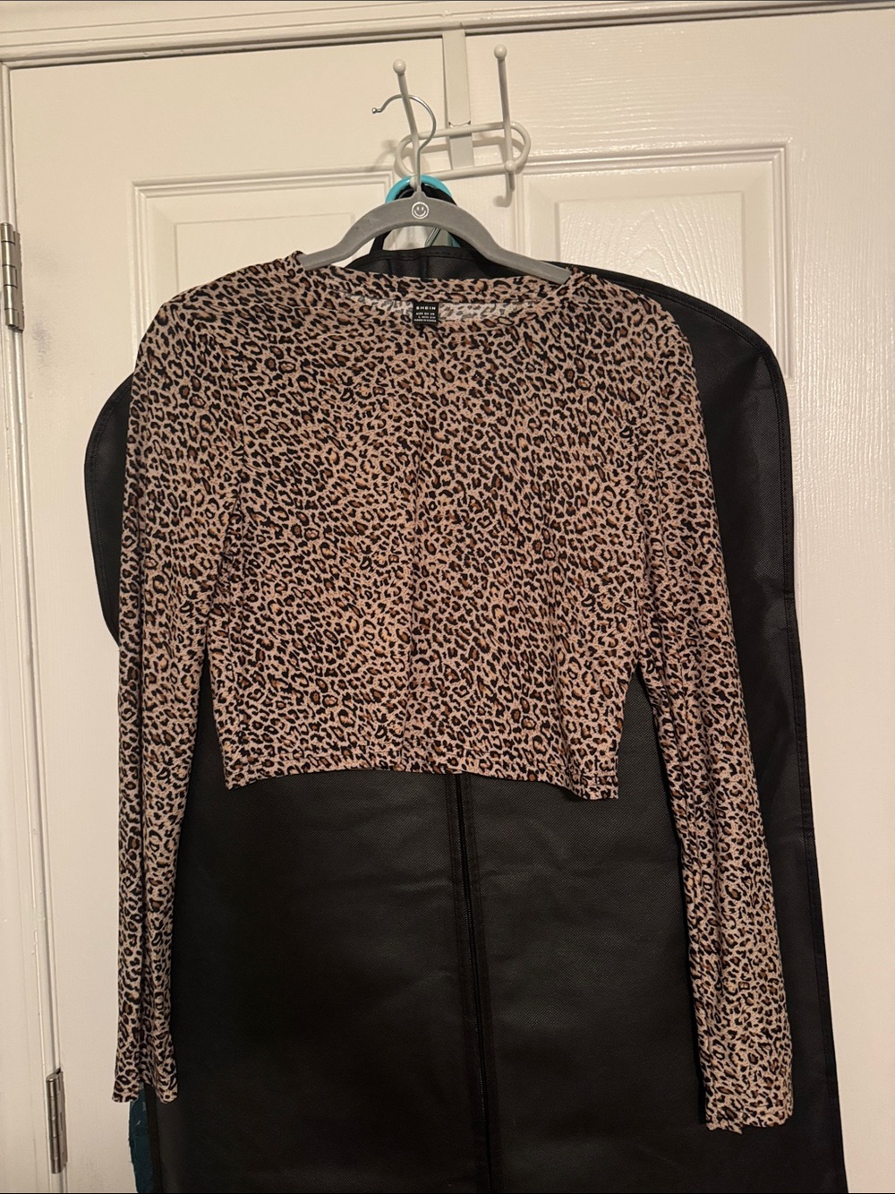SHEIN Leopard Print Long Sleeve Cropped Top - Brown & Black